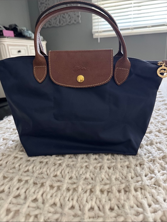 Longchamp Handbags - Longchamp Navy Nylon Tote with Brown Leather Trim